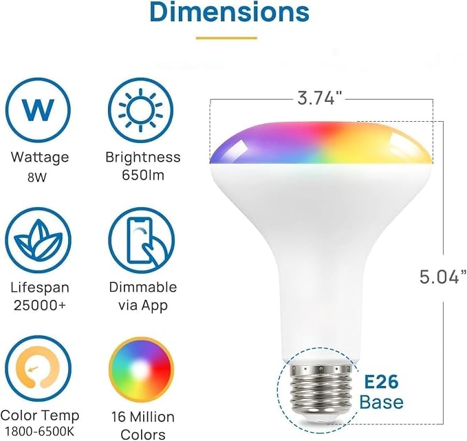 OREiN Matter BR30 Smart Light Bulbs, 60W 650lm RGBTW Color Changing, 4 Pack | LED Light Bulb Compatible with Alexa, Apple Home, Google Home, SmartThings, 2.4Ghz WiFi only Smart Bulbs, E26 Base