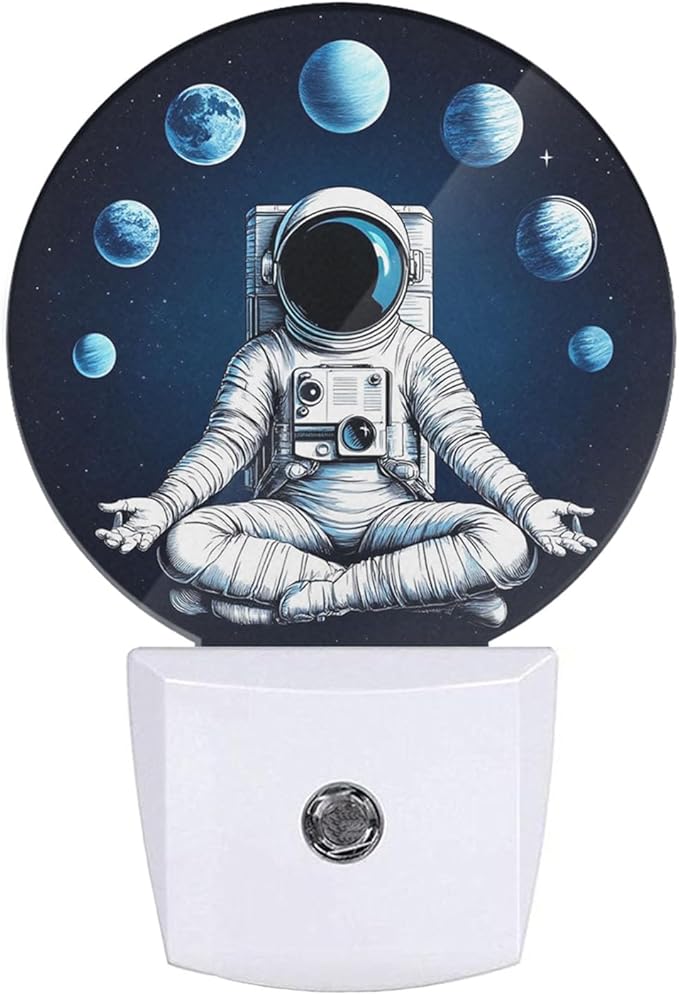 Plug-in Astronaut Night Light Planets Moons Cosmic Meditation Night Lights Plug into Wall with Auto on/Off Sensor, 0.5W LED Nightlight for Bedroom Bathroom Kitchen Hallway