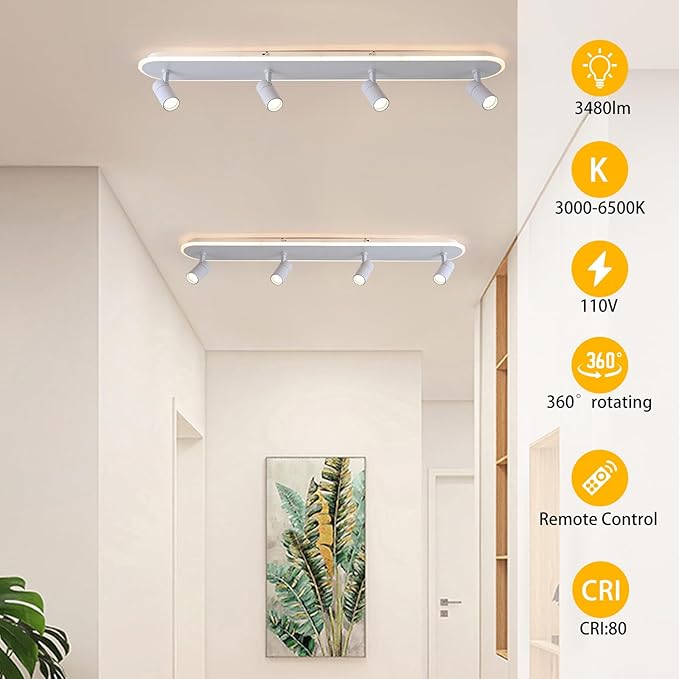 Jaycomey Modern LED Ceiling Light with 4 Spotlights, Dimmable 58W Linear Ceiling Lamp Fixture with Remote, 43.3in Upgraded Flush Mount Ceiling Chandelier Lighting for Bedroom Closet Hallway (White)