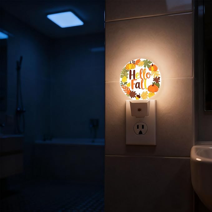 Mugod Hello Fall Plug-in Nightlights Autumn Leaves Maple Pumpkin Night Light Plug into Wall with Dusk-to-Dawn Sensor LED Lighting 0.5W Sleep-Friendly