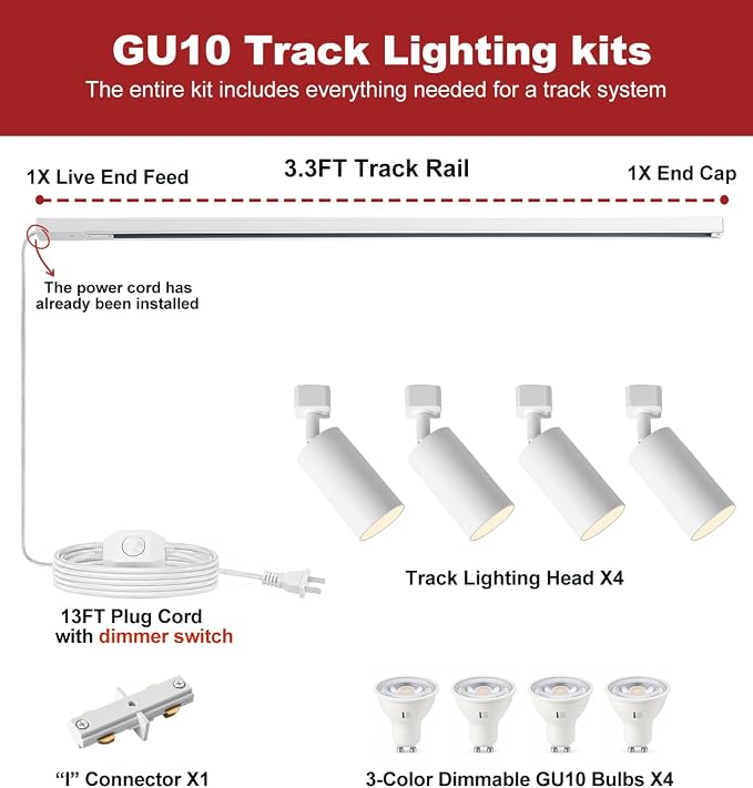 3-Color Plug in Track Lighting Dimmable with Power Cord, 4-Light Track Lighting Kit with 3.3FT H Type Track Lighting Rails, Modern Kitchen LED Track Lighting Fixtures Ceiling Spot Light, White