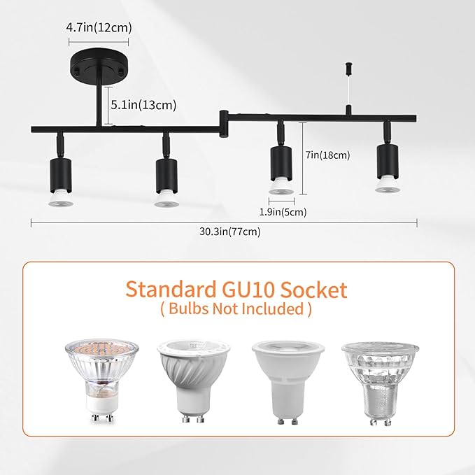 SEEBLEN 4-Light Black Track Lighting Fixtures Ceiling, Flexible Foldable Arm and Rotatable Light Head,Modern LED Track Lighting for Kitchen Islands, Dining Rooms(GU10 Socket, Bulbs Not Included)