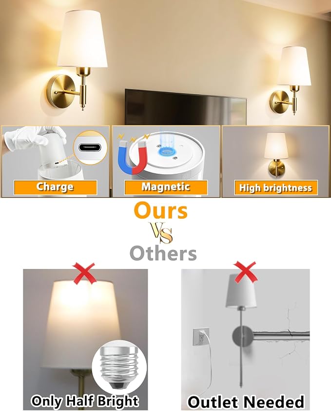 Adetu Battery Operated Wall Sconces Set of 2, Gold Rechargeable Wall Lights | 10000mAh RGB Rechargeable Magnetic Bulb, 5%-100% Dimmable, Battery Wall Sconce for Bedroom Wall Decor