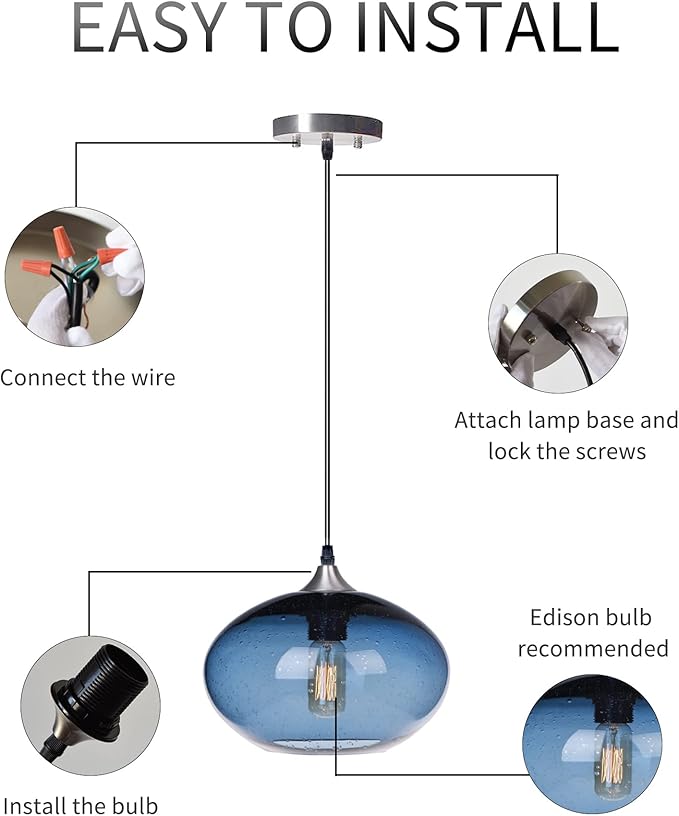 ARIAMOTION Pendant Lighting for Kitchen Island Blue Glass Modern Hanging Light Fixtures Seeded Bubble Over Sink 9.4 Inch Diam