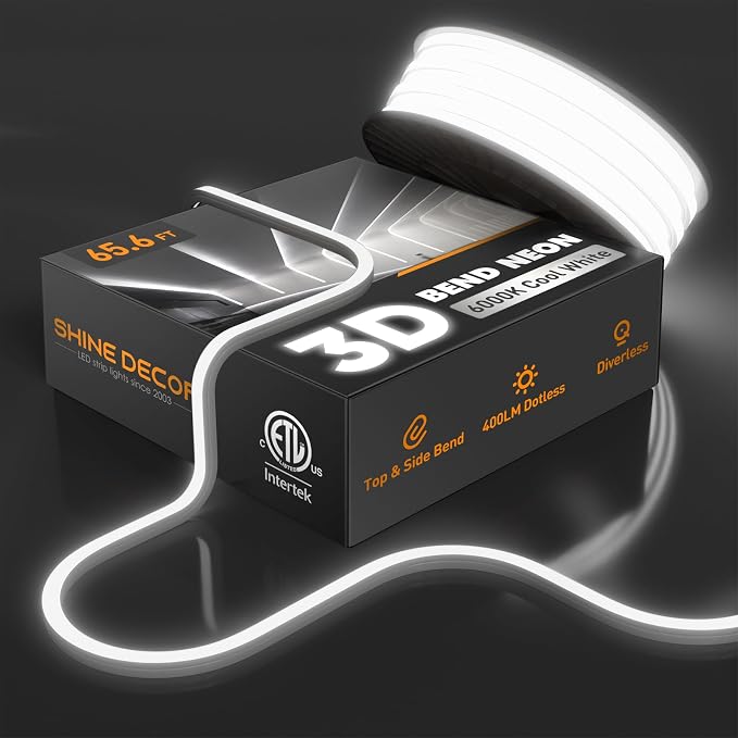 3D LED Neon Rope Light AC 120V 10x10mm, 6000K Cool White,65.6ft | Top & Side Bend, 400LM, Dotless, Driverless, IP65 Waterproof, Cold-Resistant, ETL Listed, Silicone Strip, for Home Commercial