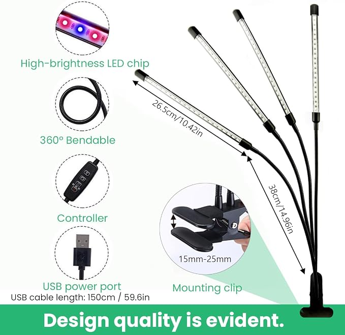 Full Spectrum 4 Heads LED Plant Grow Light for Indoor Plants | 3/9/12H 3 Modes 10 Dimmable Levels, 80 LEDs Clip On plant lights for indoor growing,Seed Starting, Flowers & Vegetables