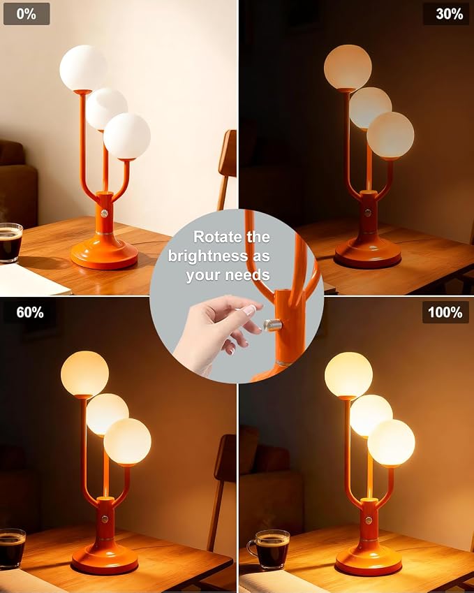 Orange Table Lamp Dimmable Vintage Globe Lamp G9 3 Bulbs Included | Mid Century Modern Desk Lamp Night Light Warmwhite Ambient Nightstand Bedside Lamp for Living Room Bedroom Home Decor Gift