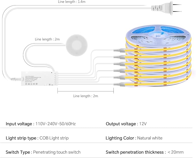 LED Shelf Light 12V,6.56Ft 6-in-1Dimmable Cuttable COB LED Strip Lights,with 60W Adpter Cabinet Light 4000K for Bookshelf, Display Cabinet, Closet, Kitchen and Pantry