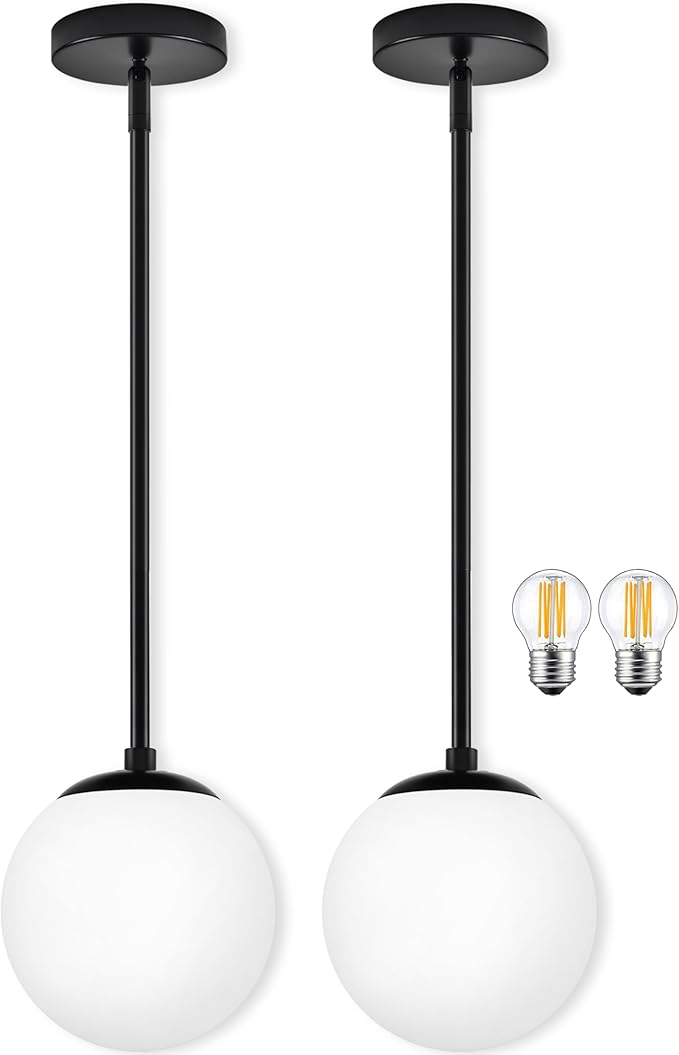 6" Globe Pendant Light Black 2 Pack Mid Century Pendant Light Globe Pendant Lights Kitchen Island Matte Black Finished with Milk Glass Adjustable Ceiling Light Fixtures for Dining Room Bar