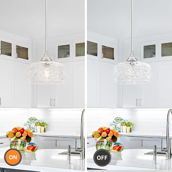 Modern Brushed Nickel Pendant Lights Kitchen Island, Bathroom Pendant Light with Clear Glass, Pendant Lighting over Island with Adjustable Rod, Farmhouse Hanging Light for Dining Room Hallway, E26