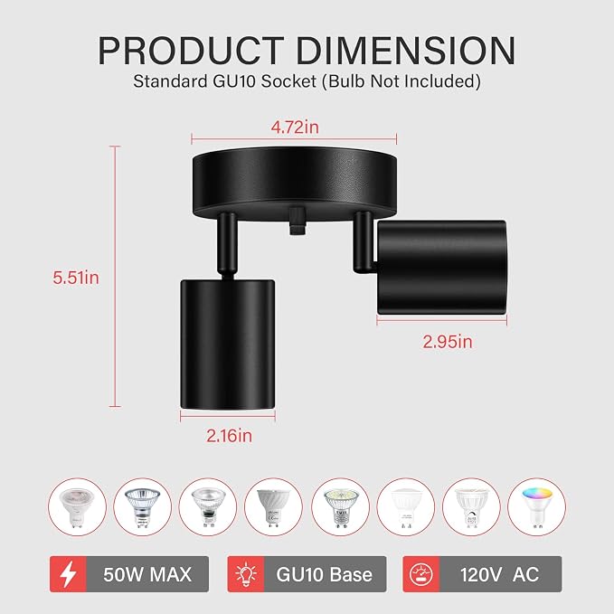 AUQUEE LED 2 Light Track Lighting Kit, LED Track Lighting Fixtures, Black Round Ceiling Spot Lighting, Flexibly Rotatable Light Head for Kitchen, Living Room, Bedroom, GU10 Bulb Not Included