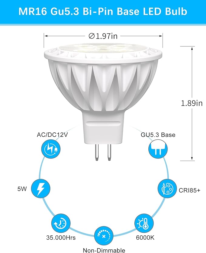 MR16 6000K Cool White LED Bulbs 6-Pack 5W Waterproof for Outdoor Security & Warehouse Lighting