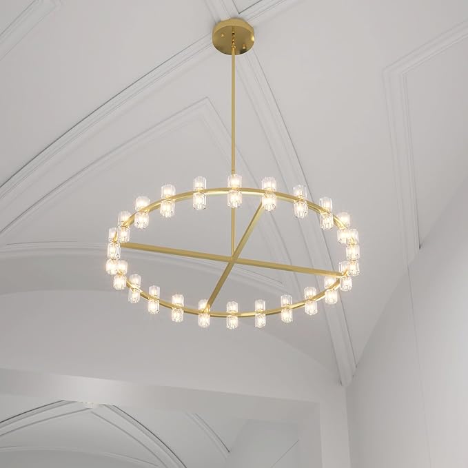 Dia 40" Gold Large Wagon Wheel Chandelier, 40-Lights Farmhouse Pendant Light Fixture, Round Rustic Hanging Lighting for Dining Room Kitchen Island Foyer Entryway