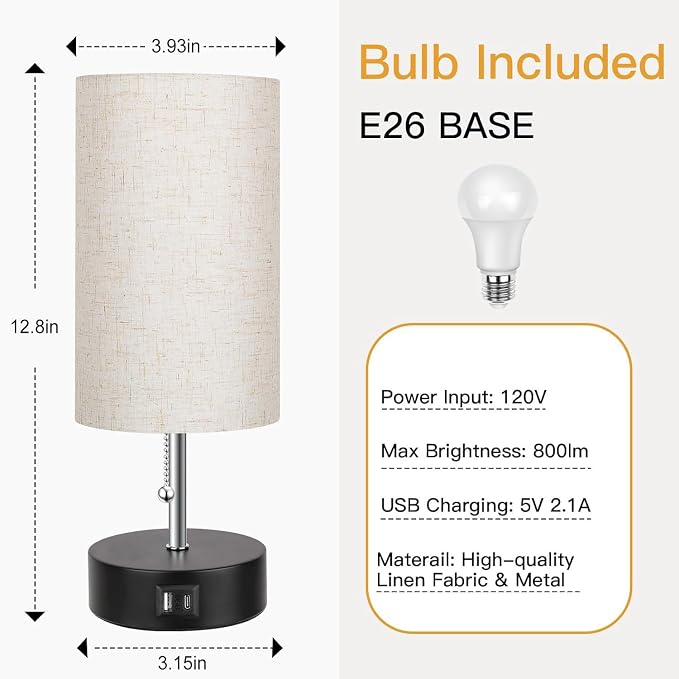 ROTTOGOON 3-Color Temperature Bedside Lamp Nightstand Lamp with USB A Port and C Port, Table Lamp for Bedroom with LED Bulb Small Lamps for Living Room (Otmeal)