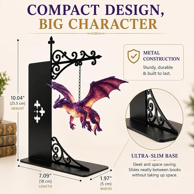 Magical Floating Dragon Bookshelf Lamp, Warm LED Dragon Night Light, Fantasy Gothic Bookend Decor, Reading Nook Ornament, Gift for Book Lovers & Fantasy Fans，White+White