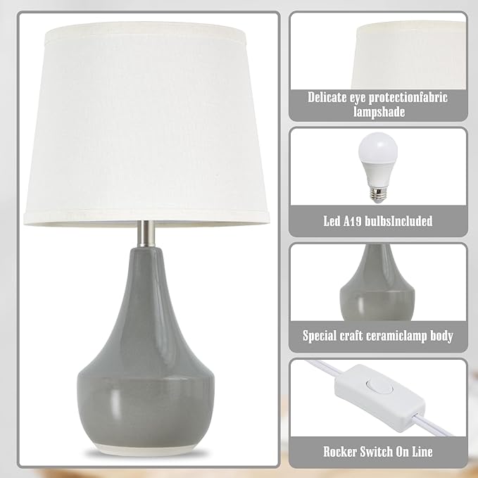 GyroVu 18" Table Lamp Set of 2, Ceramic Table Lamp Classic Beside Lamps Nightstand Lamp Modern Lamp for Living Room, Bedroom & Office Rocker Swtich Grey-LED Bulbs Included