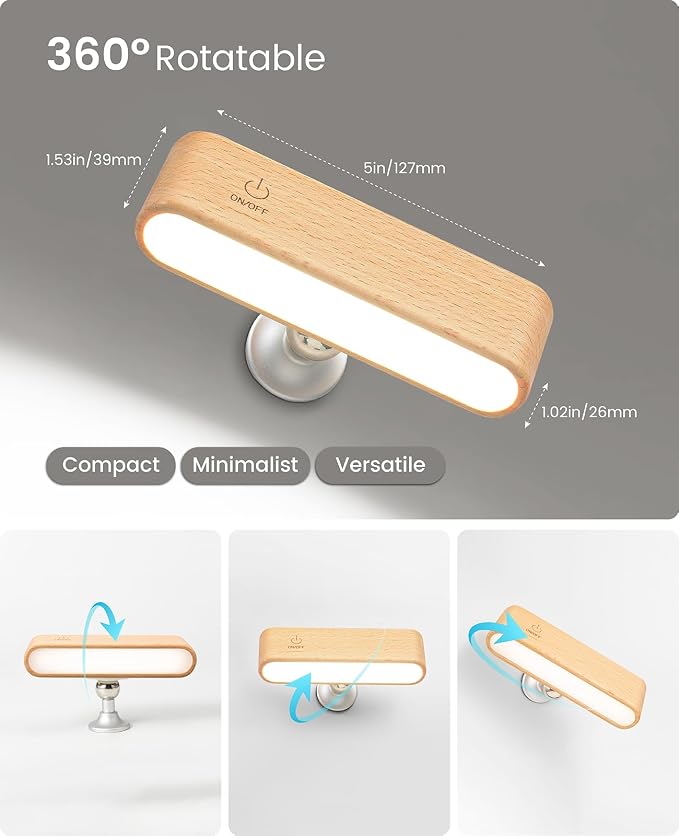 2Pack Battery Operated Wall Sconce, Wood Magnetic 360° Rotation | Bedside Reading, 360° Rotation, Stepless Dimming, 4000K Natural Light, Magnetic Installation for Bedroom Wall Lamps