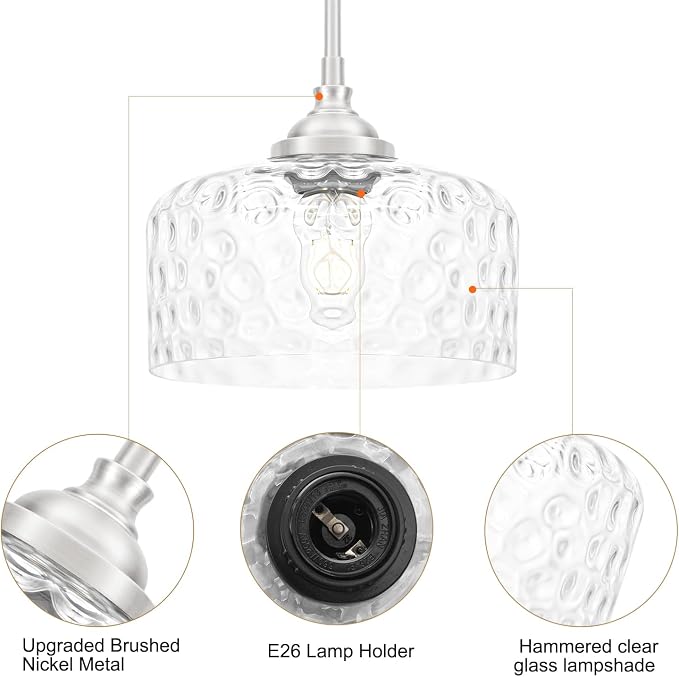 Brushed Nickel Pendant Lights Kitchen Island, Modern Hammered Glass Kitchen Pendant Lighting Over Island, Hanging Bathroom Light Fixtures Adjustable Pendant Light for Hallway Entryway Dining Room