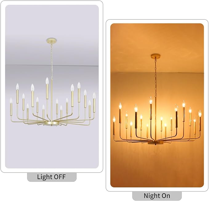 Farmhouse Gold Chandeliers for Dining Room, 16-Light Modern Candle Chandelier Light Fixture, Rustic Industrial Metal Chandeliers for Living Room, Kitchen, Staircase, Entryway, Foyer