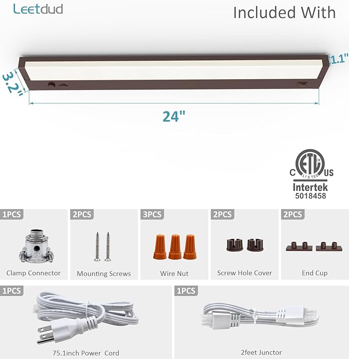 Under Cabinet Lighting Plug in or Hardwired Built-in Dimmer, 24 Inch 12W, 5CCT 2700/3000/3500/4000/5000K, Linkable Counter Lights for Kitchen, ETL Dimmable LED Light Fixture, Bronze