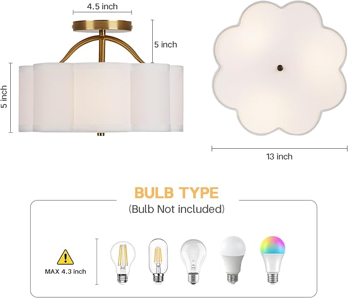 CALOKES Semi Flush Mount Ceiling Light, 11.8" Modern 3-Light Fixture with Petal-Shaped Cream White Fabric Shade and Golden Support Arm, Ideal for Bedroom, Kitchen, Living Room, Hallway, and Entryway