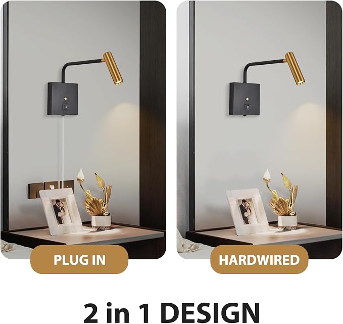 ZEROUNO LED Wall Lamp Wall Mounted Reading Lights, Dimmable Adjustable Headboard Plug in Wall Sconce with USB C+A Ports, Indoor LED Wall Lighting for Bedroom Bedside 3000K (Black)