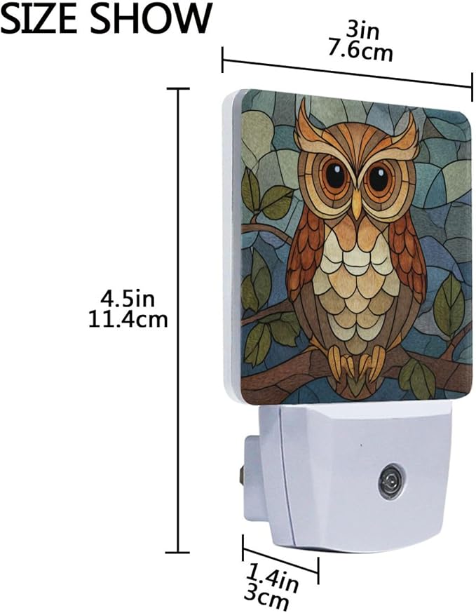 Colorful Owl Glass-Style Night Light Dusk to Dawn Sensor LED Night Dimmable Nightlight Lights Plug into Wall for Living Room