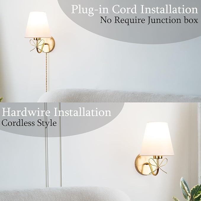 TREELAND Antique Brass Bow Wall Sconces with 110V Dimmable Remote Bulb, 3 Color Tempture, Timmer Function, Hardwire or Plug-in Cord Set of Two Vintage Gold Wall Lamp Light for Bedroom Living Room