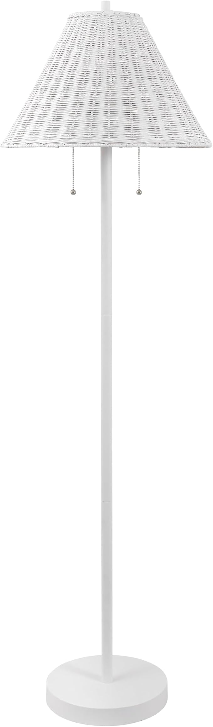 JONATHAN Y Nando 2-Light Coastal Rattan Floor Lamp 61", White | Mid-Century Modern, Standing Lamp, Metal Base, Pull-Chain Switch, Woven Coolie Shade, LED Bulbs Included