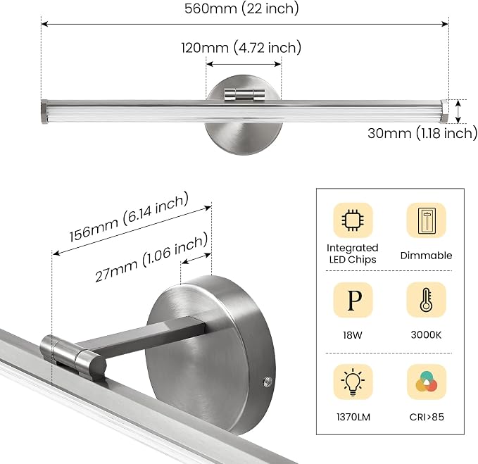 KAISITE Bathroom Light Fixture Over Mirror 22IN Brushed Nickel Vanity Lighting Fixture Dimmable LED Vanity Light Rotatable Modern Bathroom Light Bar 18W 3000K