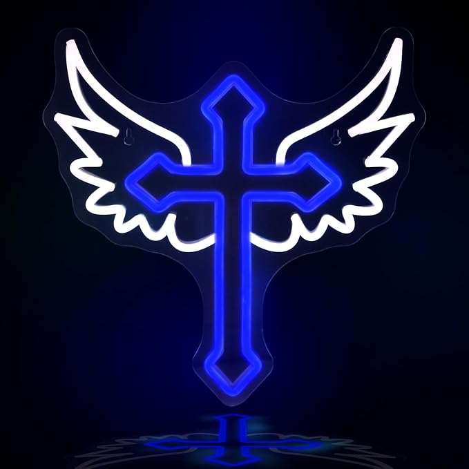 JEDAEMEN Cross Wings Neon Signs for Wall Decor White Blue LED Light Sign | Cross Led Sign Neon Lights for Preppy Room Decor Light Up Sign for Birthday Party Decoration USB Powered