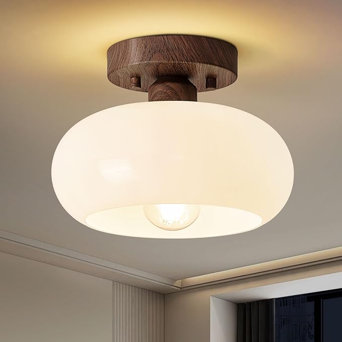 Mid-Century Modern Semi Flush Mount Ceiling Light, Faux Walnut Wood Kitchen Light Fixtures with Glass Shade, Mini White Close to Ceiling Lamp for Entryway Hallway Bathroom (8.66 Inch)