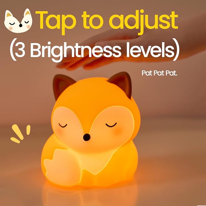 Fox Night Light Silicone Squishy Animal Lamp with 30 Min Auto Timer | 3 Level Dimmable Bedside Nightlight with Tap Control Office Desk Ambient Lamp Unique White Elephant Gifts