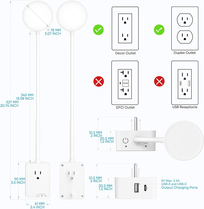 Plug in LED Book Reading Lights, 2 Pack LED Wall Sconces Lights with Power Plug Outlet Extender for Reading Working in Bedroom Kitchen, 3 Color Temperature, USB Output Charging Ports