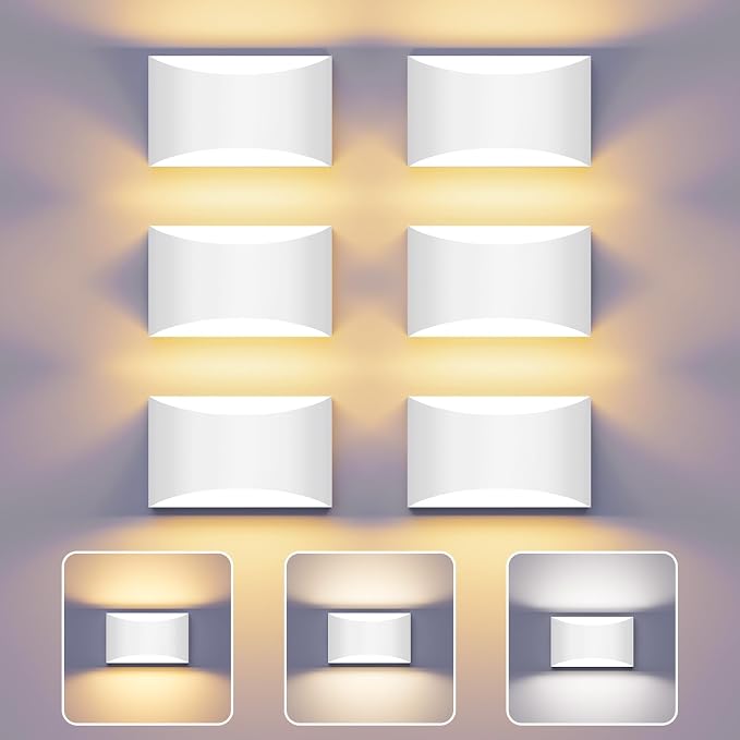 Black Modern LED Wall Sconce, 3 Colors Indoor Wall Lights, 10W Hardwired Up and Down Aluminum Wall Mount Lamp for Bedroom Living Room Hallway Corridor (White, 6 Pack)