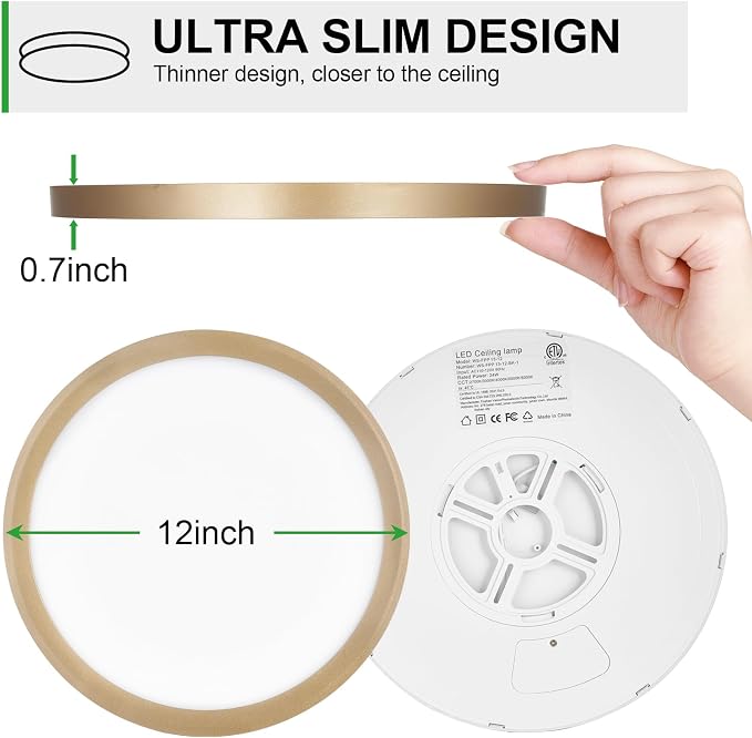 LED Flush Mount Ceiling Light: 12 inch 1Pack Super Slim Dimmable & 5CCT (2700-6500K) Kitchen Lighting Fixtures Ceiling - 24W Gold Low Profile Ceiling Lamp for Bedroom Garage Hallway