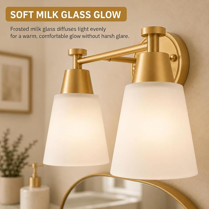 2 Light BathroomVanity Lights, Brushed Gold Wall Sconce Light with Frosted Glass, Bathroom Over Mirror Light Fixtures for Living Room, Bedroom, Hallway