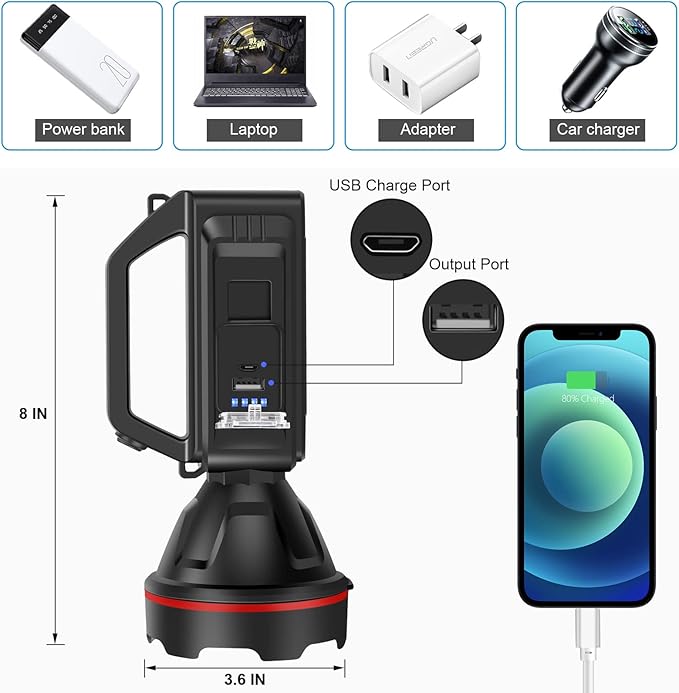 Rechargeable Spotlight Flashlight, High Lumens Handheld Spotlight,LED Searchlight with Shoulder Strap and USB Output for During Hurricane,Emergency, Storms, Outages,Hunting , Hiking, Camping(Black1)