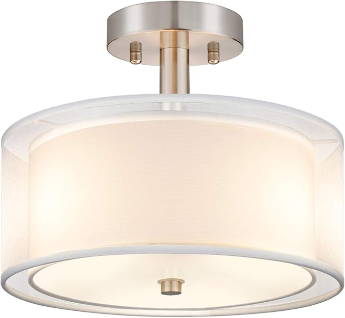 FOLKSMATE 3-Light Semi Flush Mount Ceiling Light Fixture, 14 Inch Drum Light with Double Fabric Shade, Modern Close to Ceiling Lamps for Dining Room Kitchen