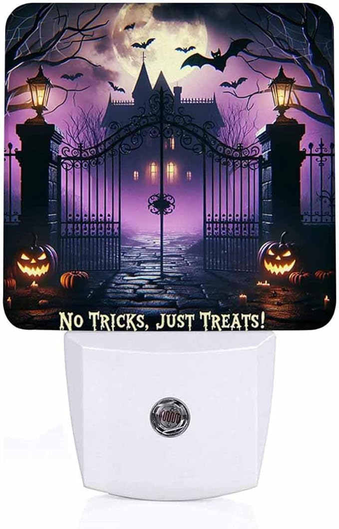 LED Night Light Lamp with Smart Sensor Dusk to Dawn Sensor,Dark Halloween Vibe Eerie Fog Cast Bats Fly Spider Web Pumpkin No Tricks Just Treats Night Light Daylight White,0.5W Plug-into Wall