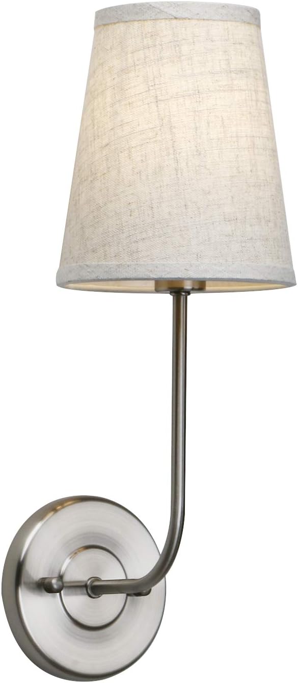 Single Classic Rustic Industrial Wall Sconce Light Fixture with Flared Funnel Linen Fabric Shade Nightstand Lamps for Bedrooms Bedside Reading (Brushed)