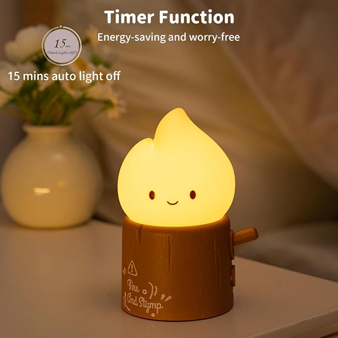 Led Cute Stump Fire Night Light, Dimmable Nursery Kawaii Lamps, Super Squishy Silicone USB Rechargeable Timer Night Lamp for Kids Adults, Used for Camping Party Room Decor (Stump Fire)