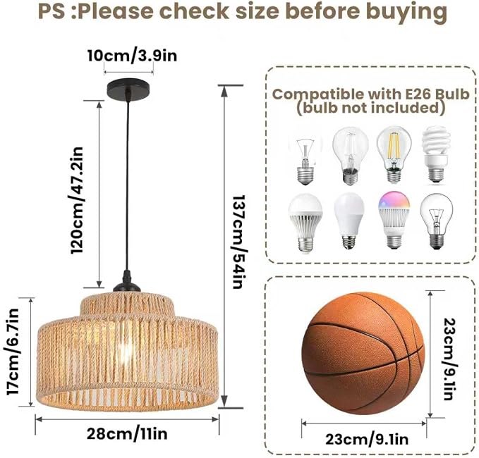 2 Pack Rattan Pendant Light,11 Inch Boho Kitchen Island light Fixtures,Handmade Woven Hanging Lamp,Small Wicker Chandelier,Basket Hanging Light for Bedroom Kitchen Living Room Restaurant Hallway Foyer