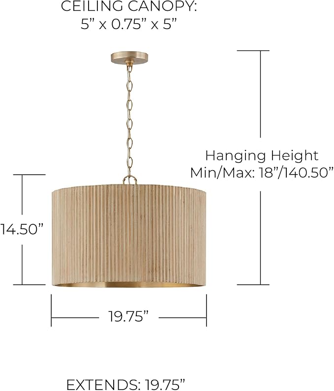 Capital Lighting 350741WS Donovan Mid-Century Modern Artisan Luxe Fluted Mango Wood Drum Pendant Ceiling Light, 3-Light 180 Total Watts, 15" H x 20" W, White Wash and Matte Brass