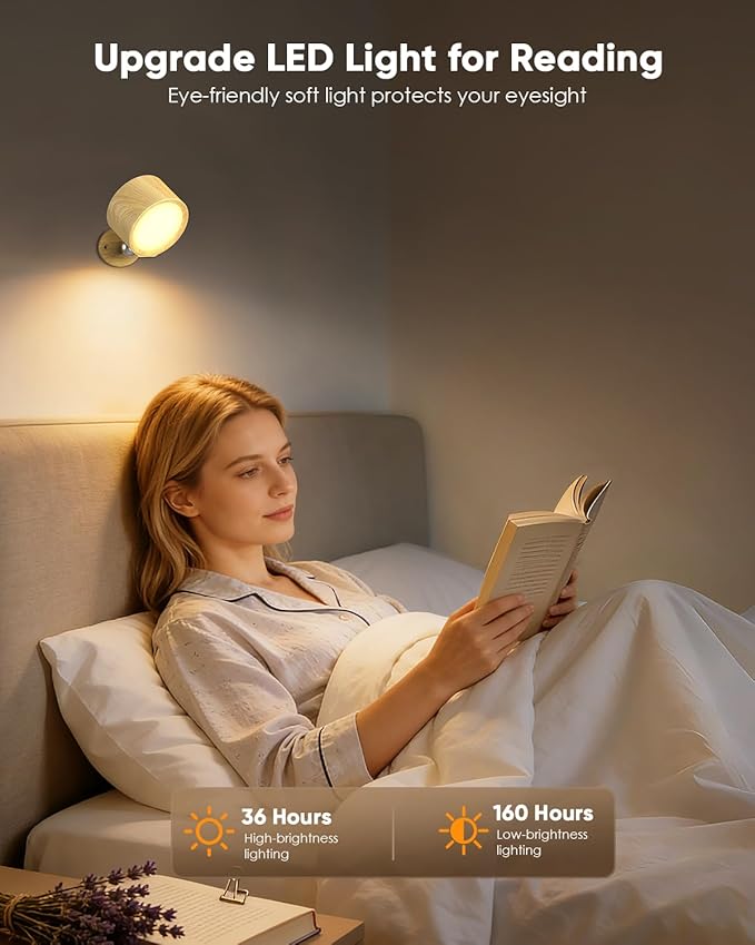 LED Wall Mounted Lights 2 Pcs with Remote, Rechargeable Wall Sconce with 3 Color Temps & Dimmable Magnetic 360° Rotation Cordless Light for Bedroom Reading Bedside (Wood, 1 Pack)