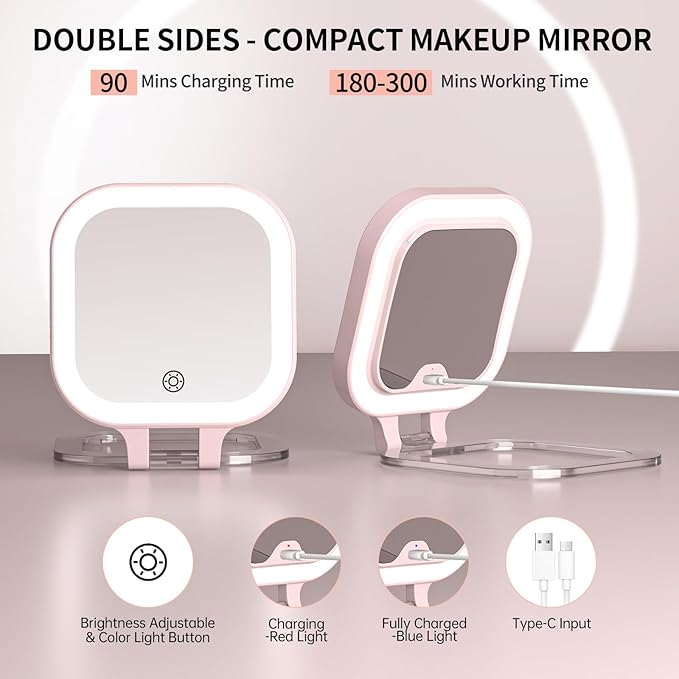 FUNTOUCH Travel Makeup Mirror with Light, 1X/30X Magnifying with 3 Light Settings & Adjustable Brightness,Rechargeable Folding Compact Double Sides Mirror for Home and Travel, Soft Pink