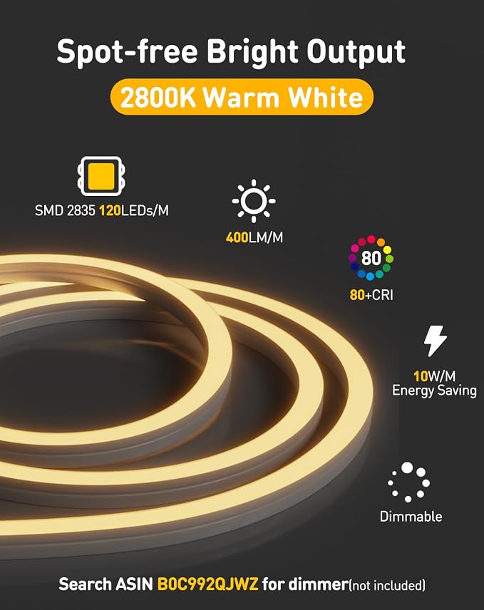 3D LED Neon Rope Light AC 120V 10x10mm, 2800K Warm White,65.6ft | Top & Side Bend, 400LM, Dotless, Driverless, IP65 Waterproof, Cold-Resistant, ETL Listed, Silicone Strip, for Home Commercial