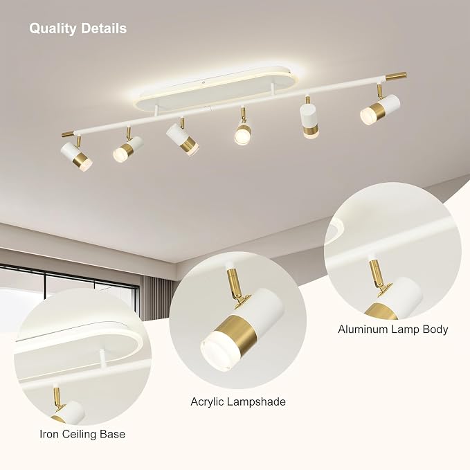 Jaycomey 6-Light LED Track Lighting Fixtures Ceiling, 60W Dimmable Track Light with Remote, 3000K-6500K Adjustable Ceiling Spotlights, 51in White Gold Ceiling Light Fixture for Kitchen Living Room