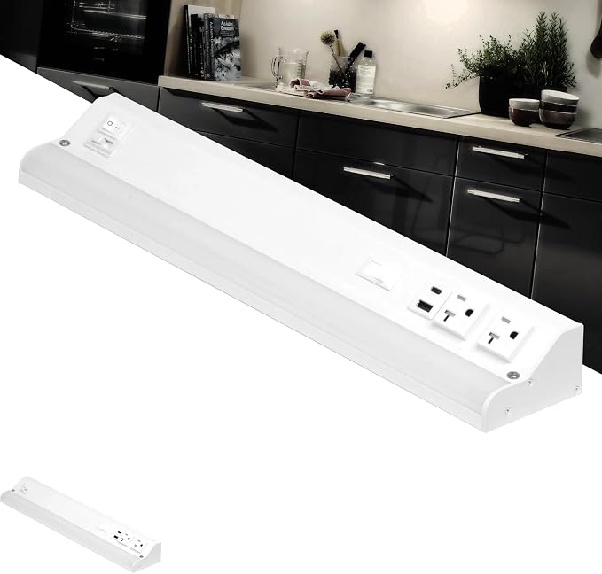 American Lighting LED Courant Plus Undercabinet Light 18 Inch White | 5CCT, 90+ CRI, 1000 Lumens, USB-A USB-C and 20A Receptacles, Title 24 Compliant
