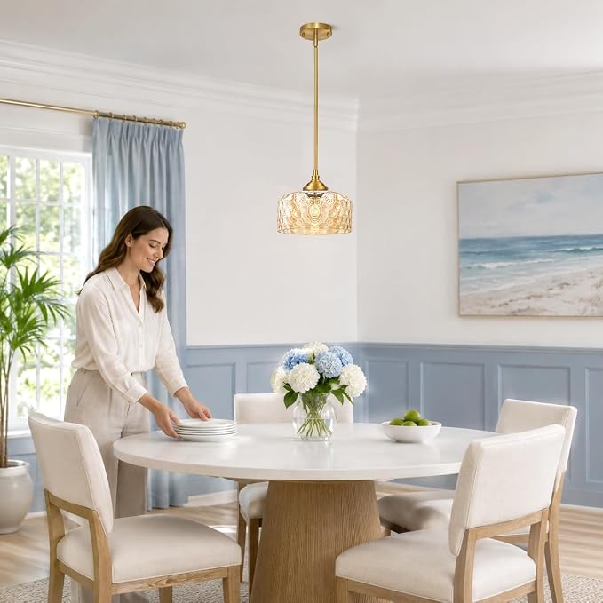 Daunton Gold Farmhouse Hammered Glass Kitchen Pendant Lighting Over Island | Height adjustable hanging light fixture kitchen, 90-degree swivel, 2-in-1 ceiling light and pendant light, E26 bulb base